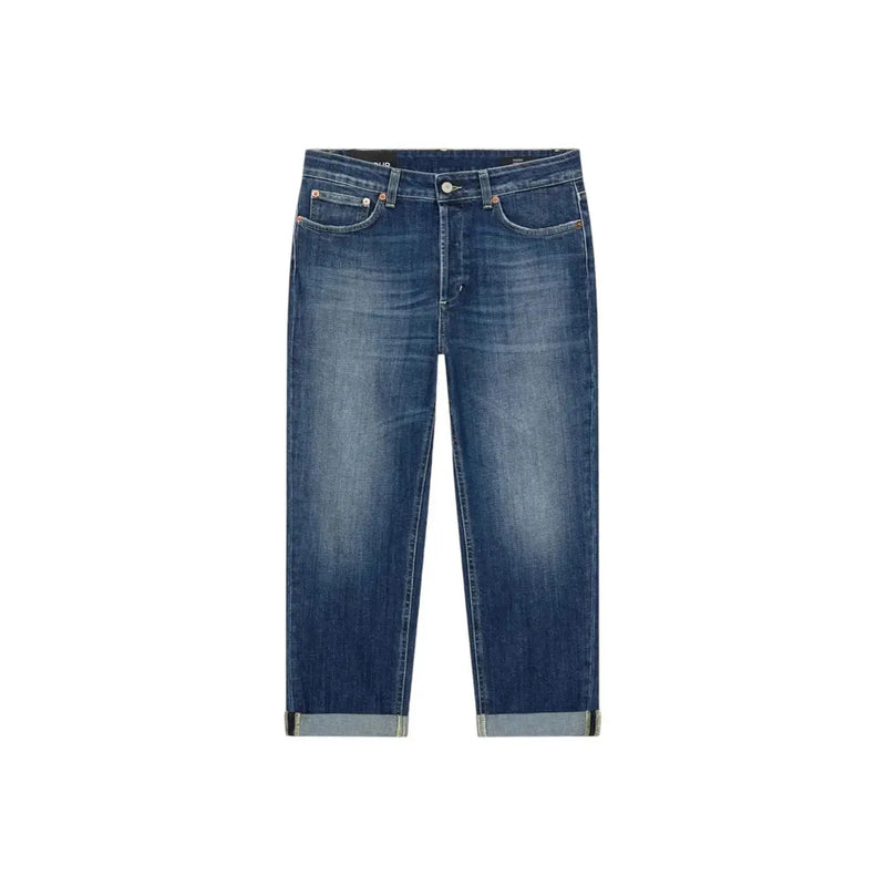 Dondup Damen-Jeans aus blauem Baumwoll-Denim in dunkler Waschung mit geradem Bein und umgeschlagenen Säumen, die einen Used-Look zeigen.