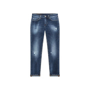 Dondup Damen-Jeans aus blauer Baumwolle mit Rissen, dunkler Waschung, dezenten Ausbleichungen und Used-Look-Details an den Oberschenkeln.