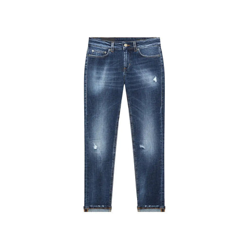 Dondup Damen-Jeans aus blauer Baumwolle mit Rissen, dunkler Waschung, dezenten Ausbleichungen und Used-Look-Details an den Oberschenkeln.