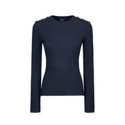 Dondup women blue ribbed knitwear viscose blend sweater with decorative shoulder buttons and round neck