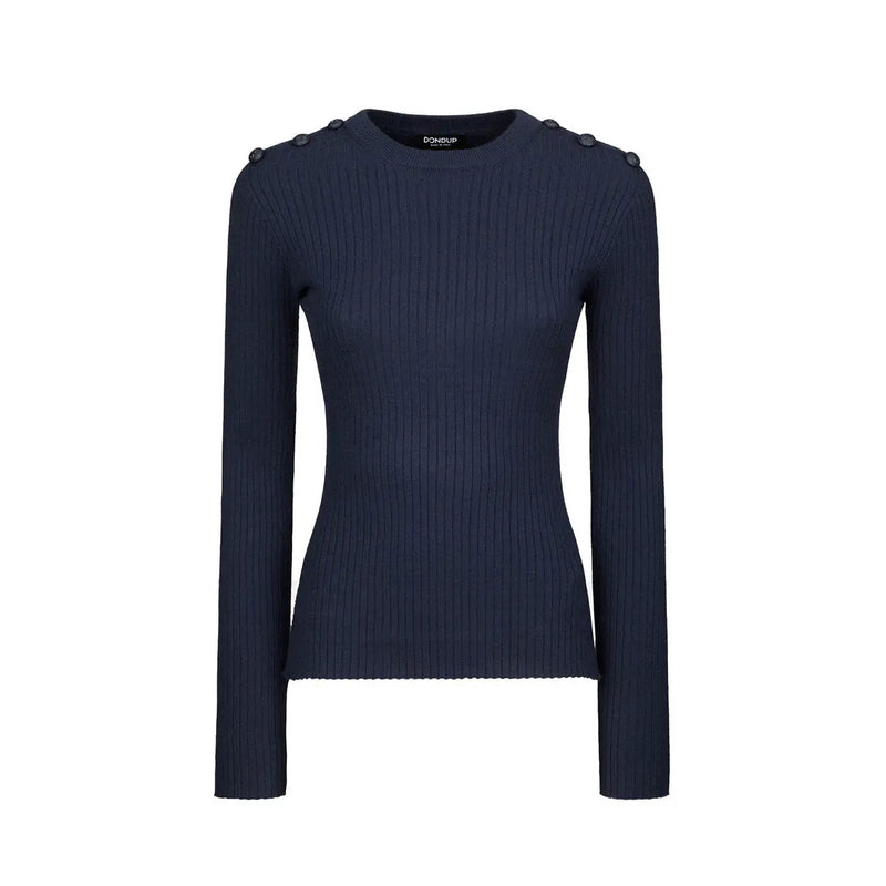 Dondup women blue ribbed knitwear viscose blend sweater with decorative shoulder buttons and round neck