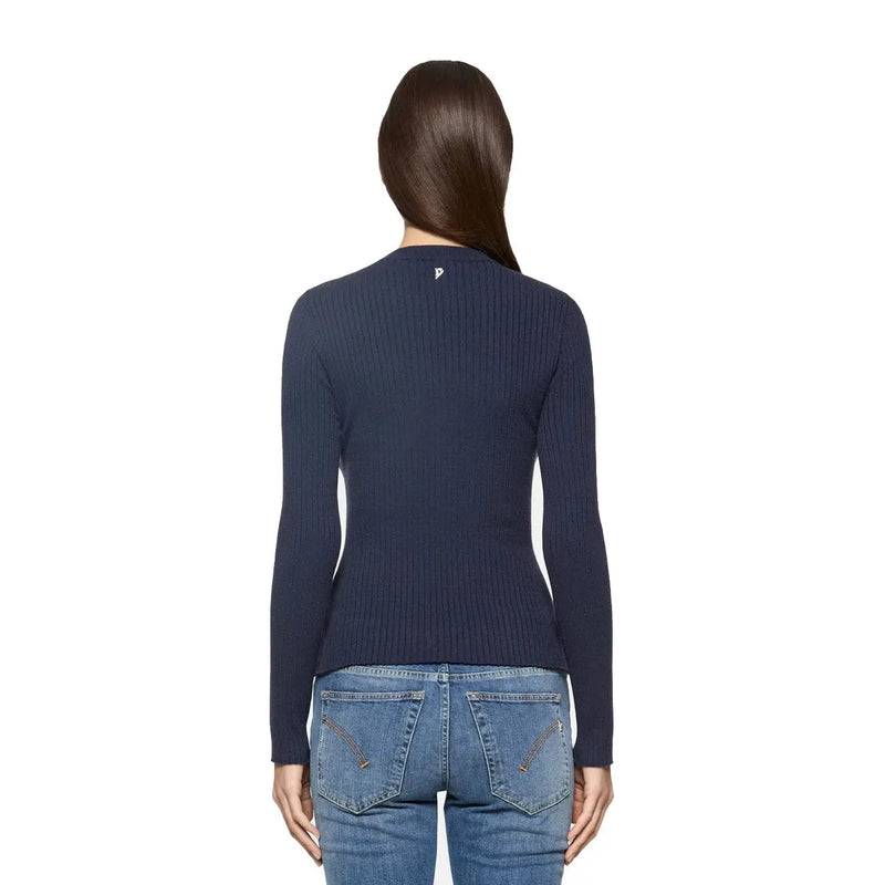 Navy blue ribbed knit long sleeve top by Dondup in viscose blend with round neck for women