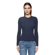 Navy blue ribbed knit sweater with decorative shoulder buttons in viscose blend by Dondup women knitwear
