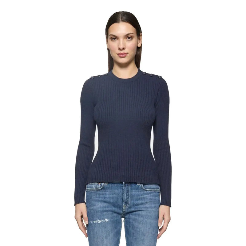 Navy blue ribbed knit sweater with decorative shoulder buttons in viscose blend by Dondup women knitwear