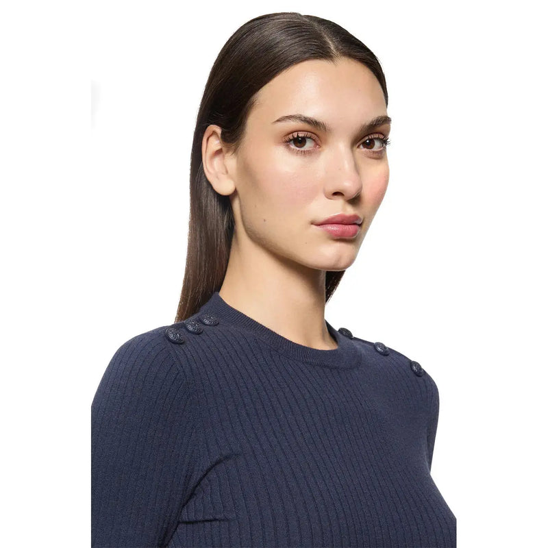 Navy blue Dondup women knitwear viscose blend ribbed sweater with round neck and dark buttons at the shoulders