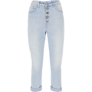 Dondup women light blue cotton denim jeans with worn effect featuring silver-toned buttons down front and rolled cuffs
