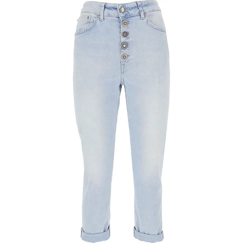 Dondup women light blue cotton denim jeans with worn effect featuring silver-toned buttons down front and rolled cuffs