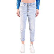 Dondup women light blue cotton denim jeans with high-rise button-front design and rolled cuffs in worn effect