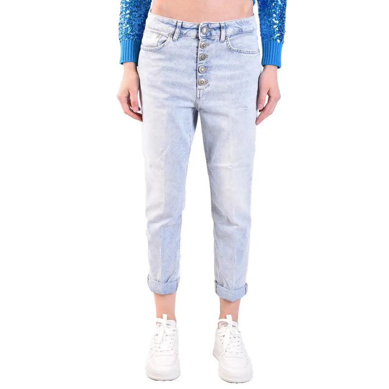 Dondup women light blue cotton denim jeans with high-rise button-front design and rolled cuffs in worn effect