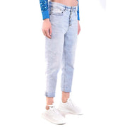 Dondup women light blue cotton denim jeans with button-front closure rolled cuffs and worn effect