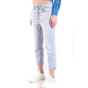 Dondup women light blue cotton denim jeans with high-rise button-front and rolled cuffs in worn effect light wash