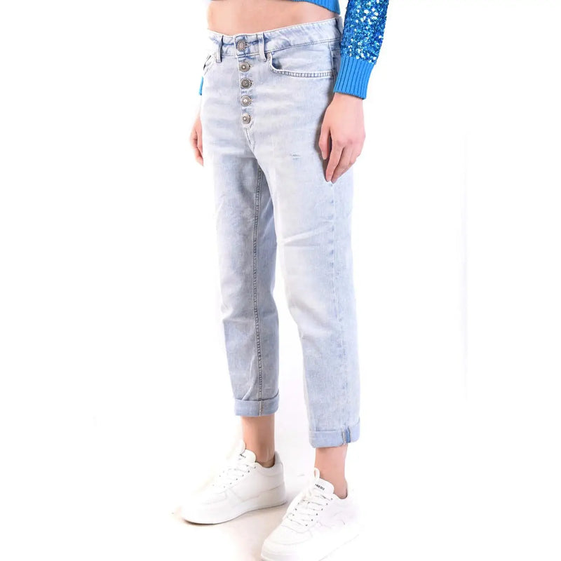 Dondup women light blue cotton denim jeans with high-rise button-front and rolled cuffs in worn effect light wash