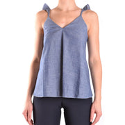 A light blue Dondup women tank top made of textured cotton linen with ruffled shoulder straps and a v-neckline