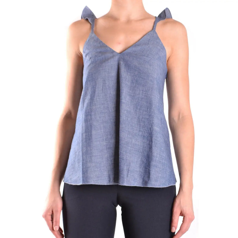 A light blue Dondup women tank top made of textured cotton linen with ruffled shoulder straps and a v-neckline