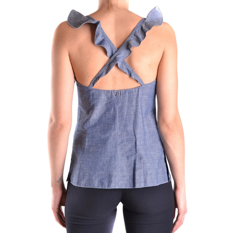 Blue denim tank top with ruffled shoulder straps and cross-back design made of cotton by Dondup women