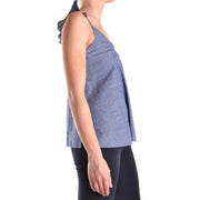 Dondup women tank top in light blue cotton with v neck, ruffled shoulder detail, and thin straps