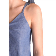 Dondup women tank top in light blue textured linen with delicate shoulder straps and a subtle sheen, sleeveless v neck cotton