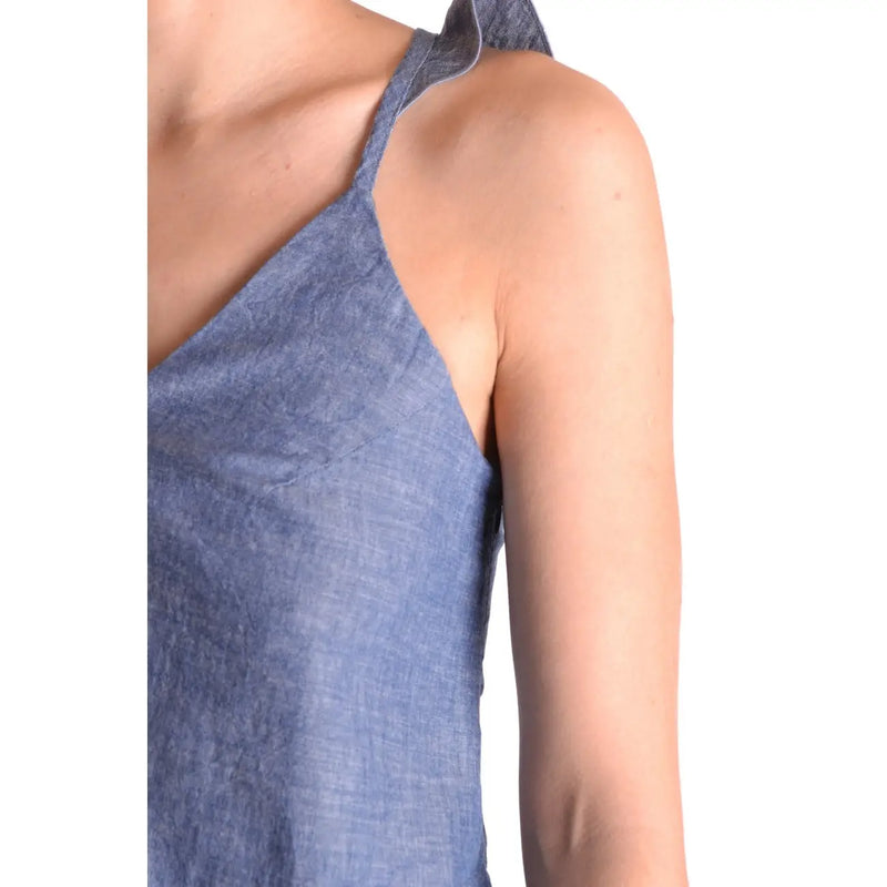 Dondup women tank top in light blue textured linen with delicate shoulder straps and a subtle sheen, sleeveless v neck cotton