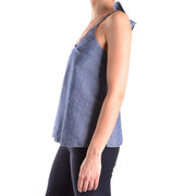 Dondup women tank top in blue linen sleeveless design with tied shoulder detail and v neck cotton blend material