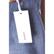 White rectangular dondup brand tag on blue cotton denim women tank top with v neck sleeveless design