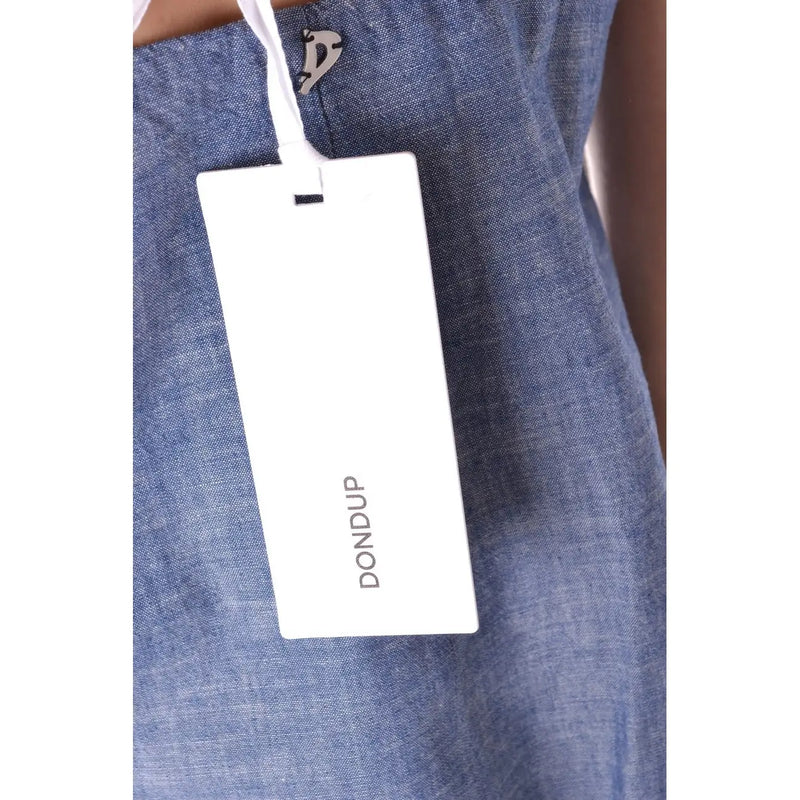 White rectangular dondup brand tag on blue cotton denim women tank top with v neck sleeveless design