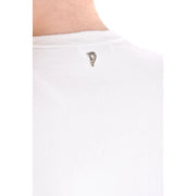 Silver metallic Dondup logo tag on white cotton collar of women white knitwear square neck viscose top