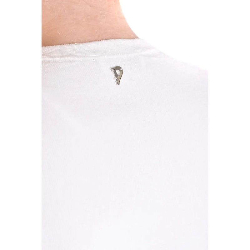 Silver metallic Dondup logo tag on white cotton collar of women white knitwear square neck viscose top