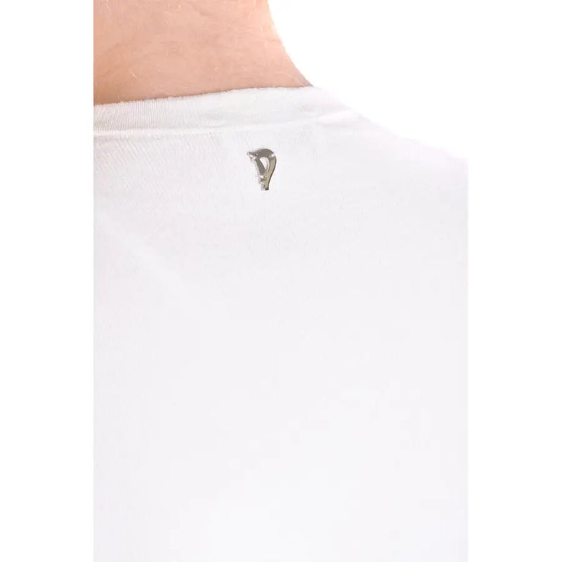 Silver metallic logo tag on white cotton collar of Dondup women white long knitwear with square neckline