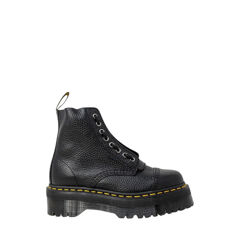 Black pebbled leather ankle boots for women by dr martens shown from the back side