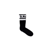 Black crew sock with white stripes and Dr Mc logo on cuff, suitable for Dr Martens footwear
