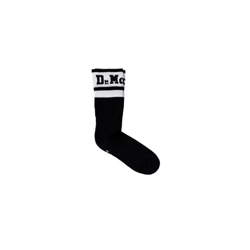 Black crew sock with white stripes and Dr Mc logo on cuff, suitable for Dr Martens footwear