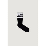 Black slip-on socks with white stripes and Dr Mc branding on the cuff for Men Fall Winter