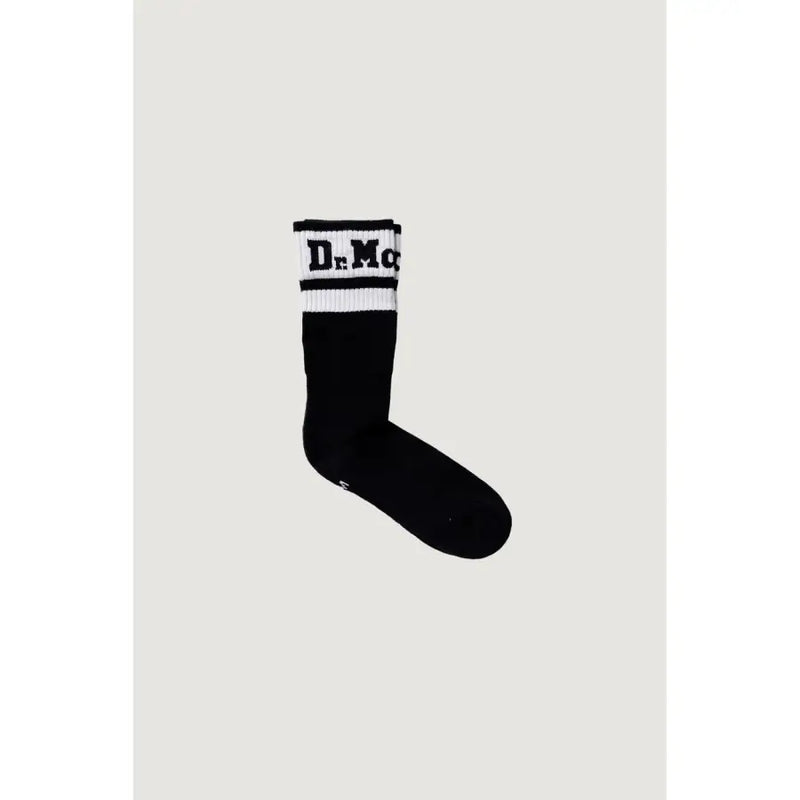 Black slip-on socks with white stripes and Dr Mc branding on the cuff for Men Fall Winter