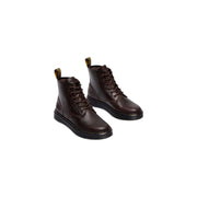 Dark brown leather dr martens men brookline chukka boots showing the back side of the footwear