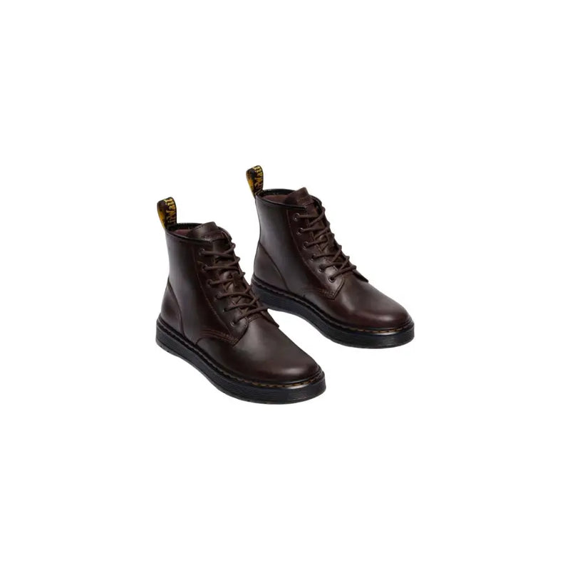 Dark brown leather dr martens men brookline chukka boots showing the back side of the footwear