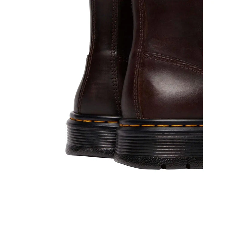 Dr Martens men Brookline chukka boots brown leather with dark brown leather upper black rubber soles and yellow stitching