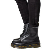 Dr Martens men leather boots black lace up shown from the back side highlighting leather and lace up design