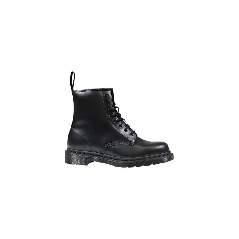 Dr martens men leather boots black lace up showing the back side of durable black leather material