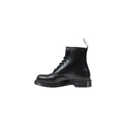 Black leather dr martens men lace up boots shown from the back side with durable leather and classic design