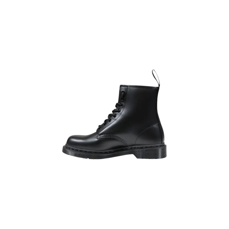 Black leather dr martens men lace up boots shown from the back side with durable leather and classic design