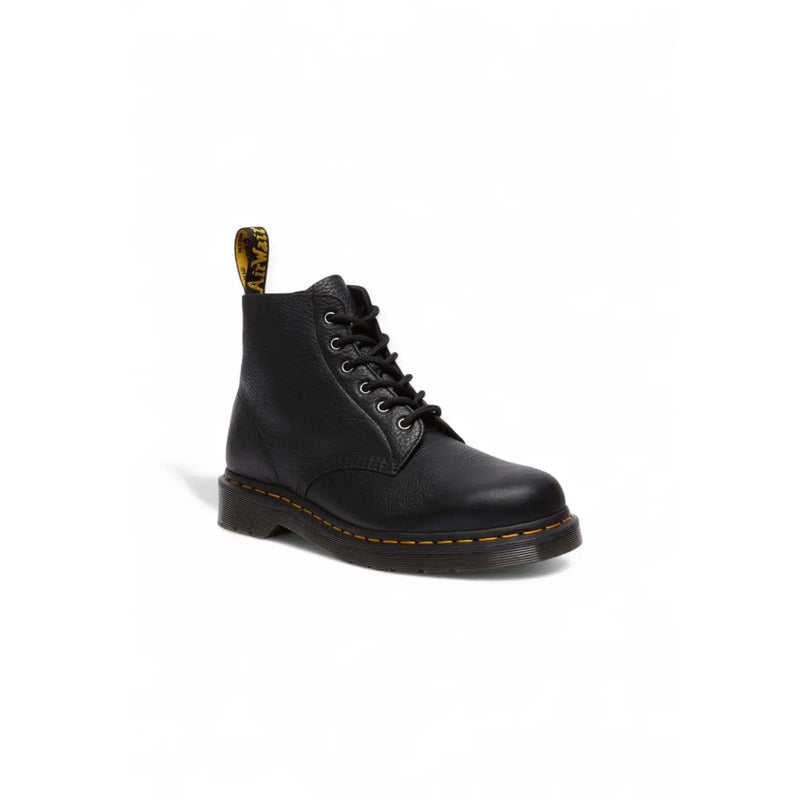 Schwarze Dr. Martens Herren-Schnürstiefel aus Leder, die die Rückseite mit strapazierfähigen Nähten und Fersenschlaufe zeigen.