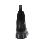 Black leather dr martens men lace up boots showing the back side with durable sole and yellow stitching