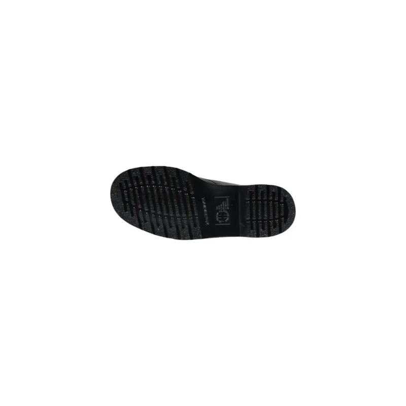 Black rubber sole with textured tread pattern and embossed branding on dr martens men leather black lace up boots