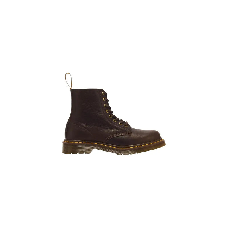 Dunkelbraune Dr. Martens Herren-Lederstiefel, Modell 1460 Pascal, Abbildung der Stiefelrückseite.