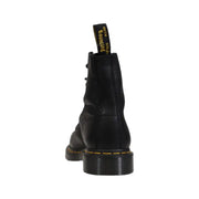 Dr martens men leather lace up boots in black showing the back side with durable leather and classic design