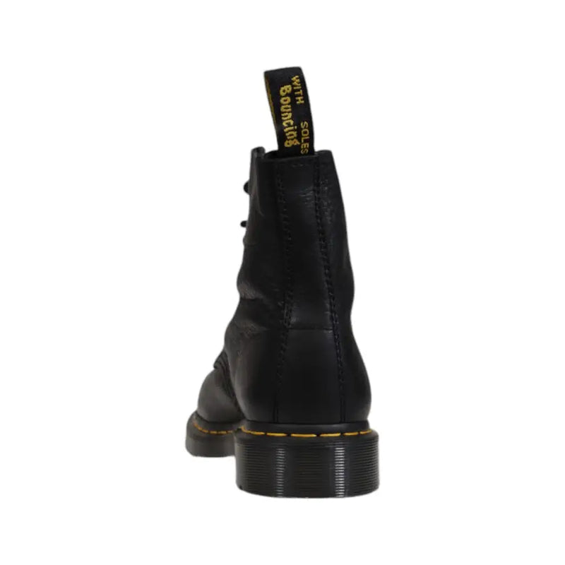 Dr martens men leather lace up boots in black showing the back side with durable leather and classic design