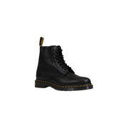 Black leather dr martens men lace up boots in black showing the back side with signature yellow stitching