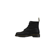 Dr martens men leather lace up boots in black showing black leather upper and durable sole from the back side