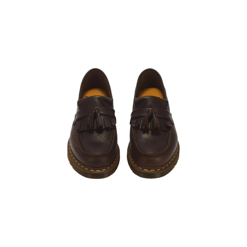 Dark brown leather tassel loafers with yellow stitching for men dr martens adrian moccasin shoes brown
