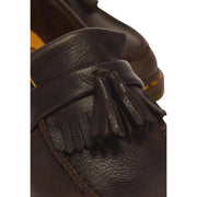 Dr Martens men leather moccasin shoes brown adrian with dark brown leather, fringed tassel detail, and visible stitching